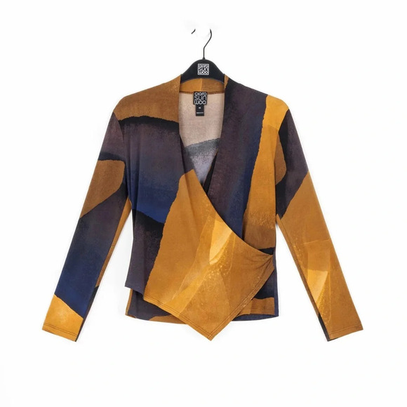 NWT Clara Sunwoo Long Sleeve Crossover Faux Wrap Top Tan Watercolor Gold XL (16) - Picture 12 of 13